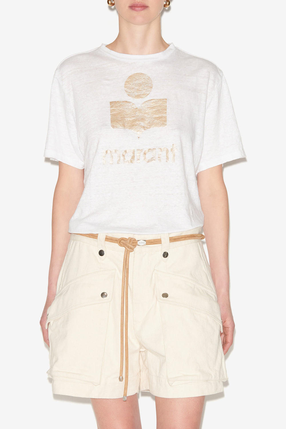 Zewel plain-colored linen t-shirt with logo - White-light gold - Woman - 4