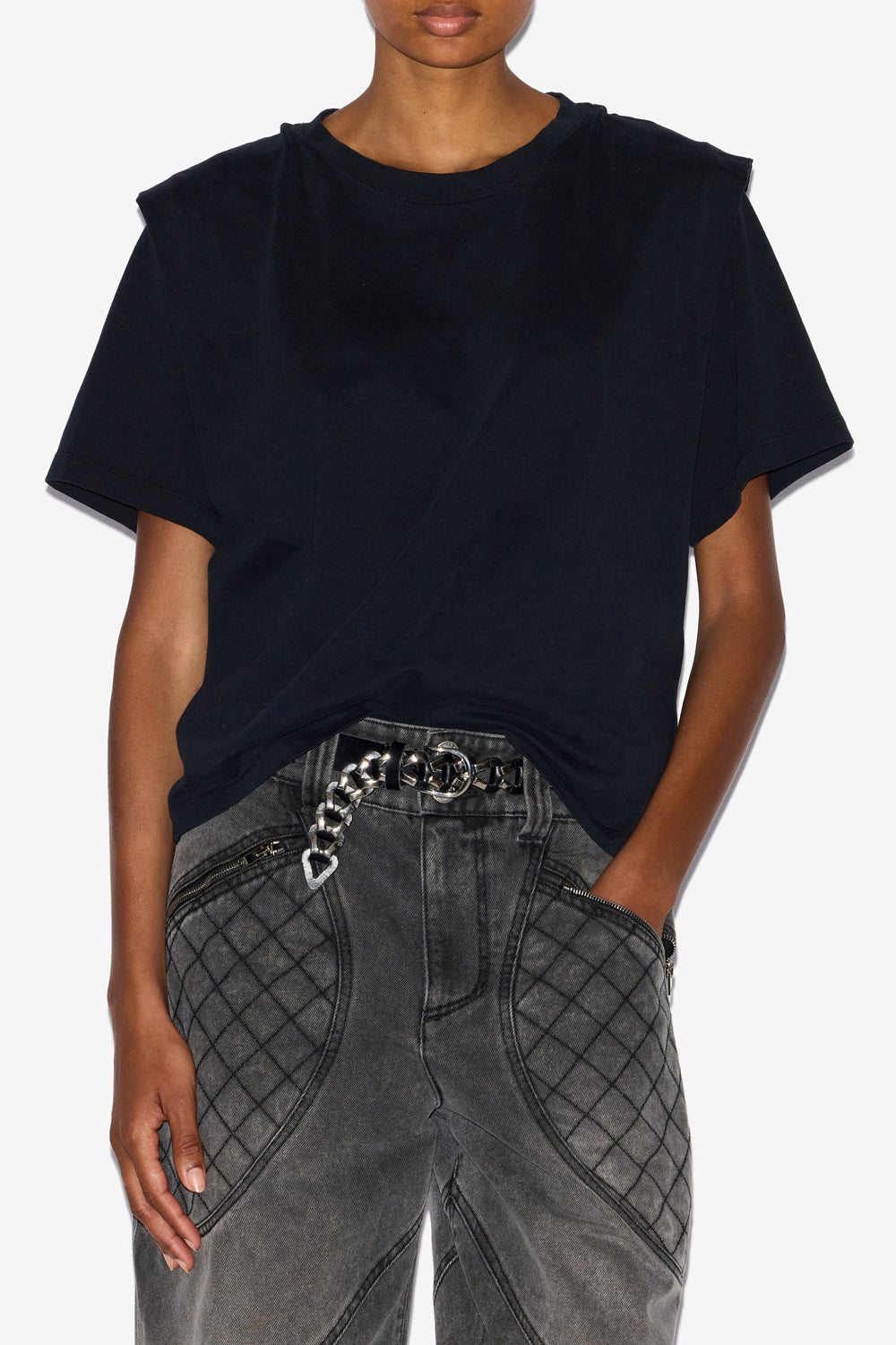 Zelitos plain-colored cotton t-shirt with shoulder pads - Black - Woman - 4