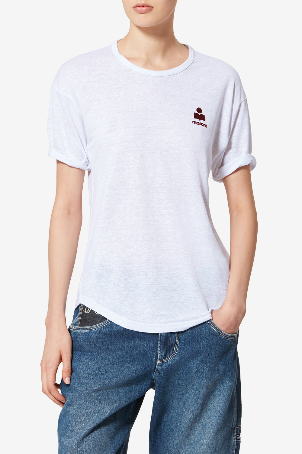 Koldia linen t-shirt with logo - White-burgundy - Woman - 4