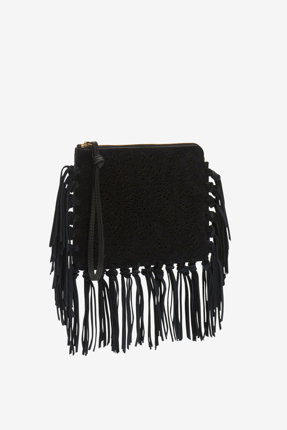 Flat pouch fringed leather clutch bag - Black - Woman - 4