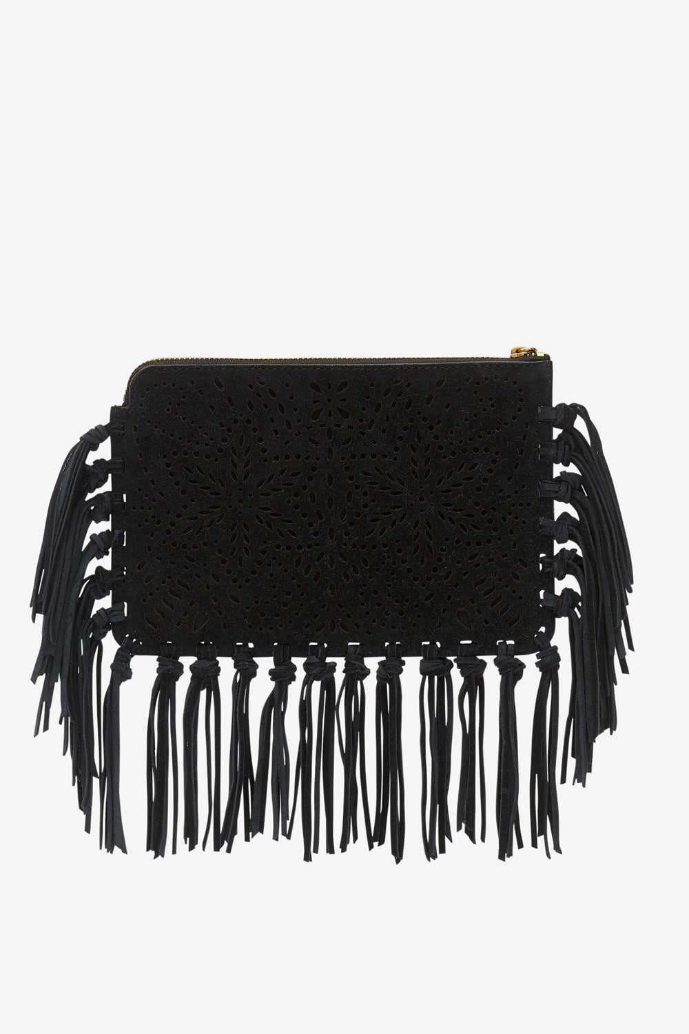 Flat pouch fringed leather clutch bag - Black - Woman - 2