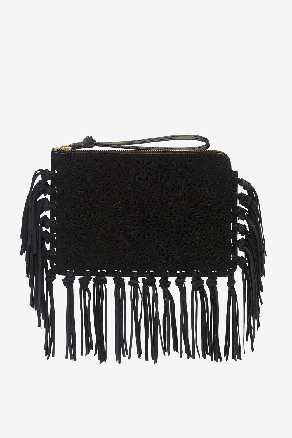 Flat pouch fringed leather clutch bag - Black - Woman - 1