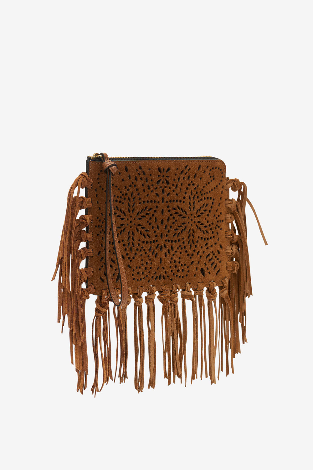 Flat pouch fringed leather clutch bag - Cognac - Woman - 4