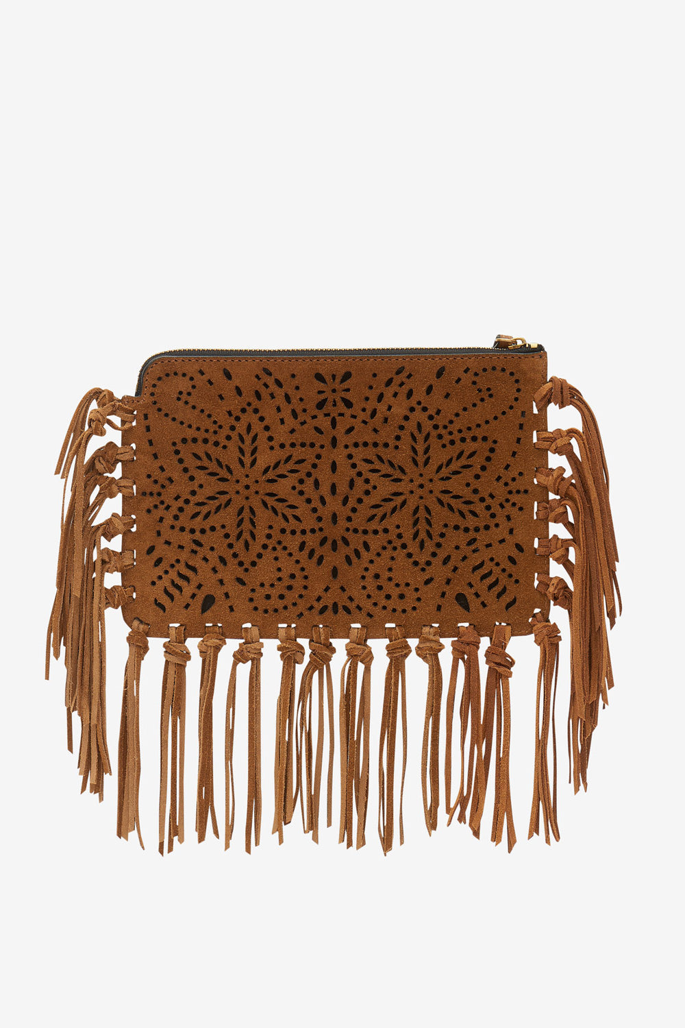 Flat pouch fringed leather clutch bag - Cognac - Woman - 2