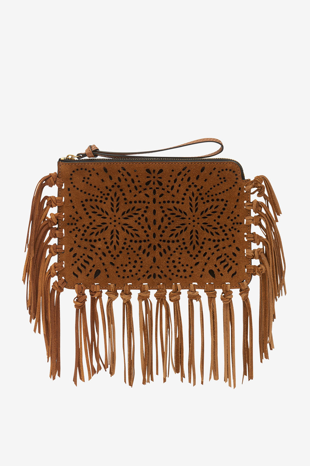 Flat pouch fringed leather clutch bag - Cognac - Woman - 1