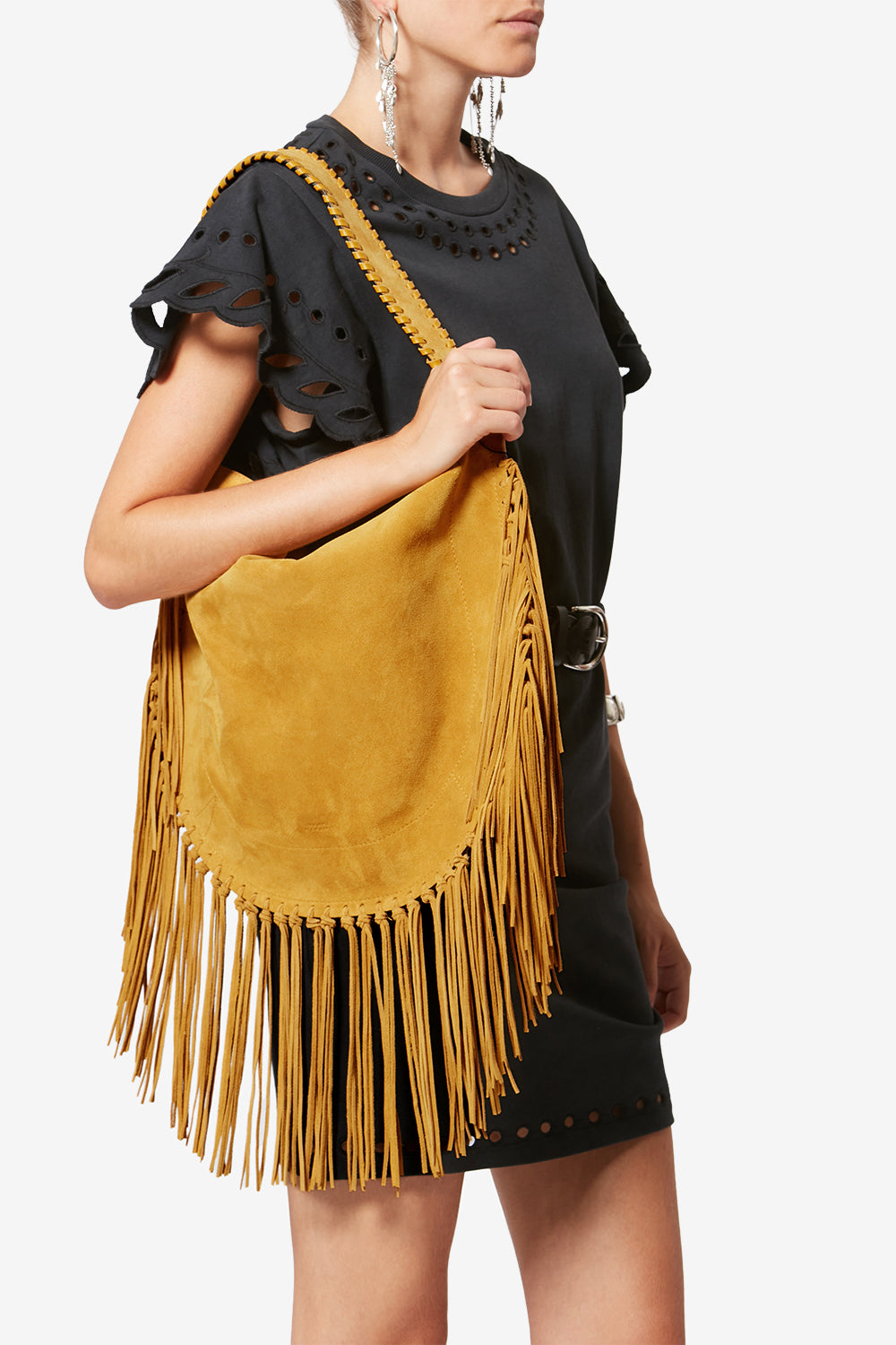 Oskan hobo soft fringed suede calfskin leather handbag - Saffron - Woman - 2