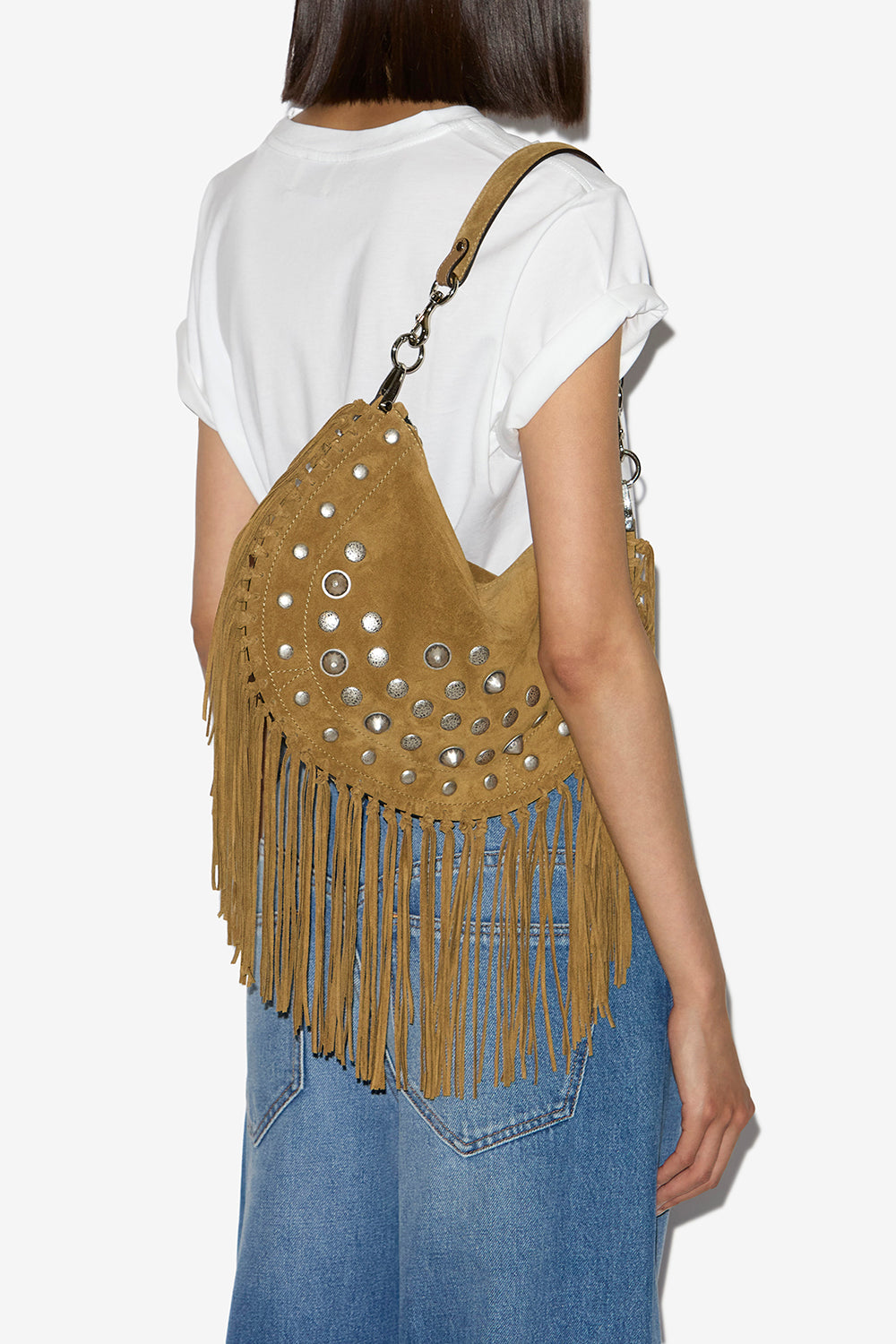 Oskan soft zip studded and fringed leather bag - Taupe - Woman - 2