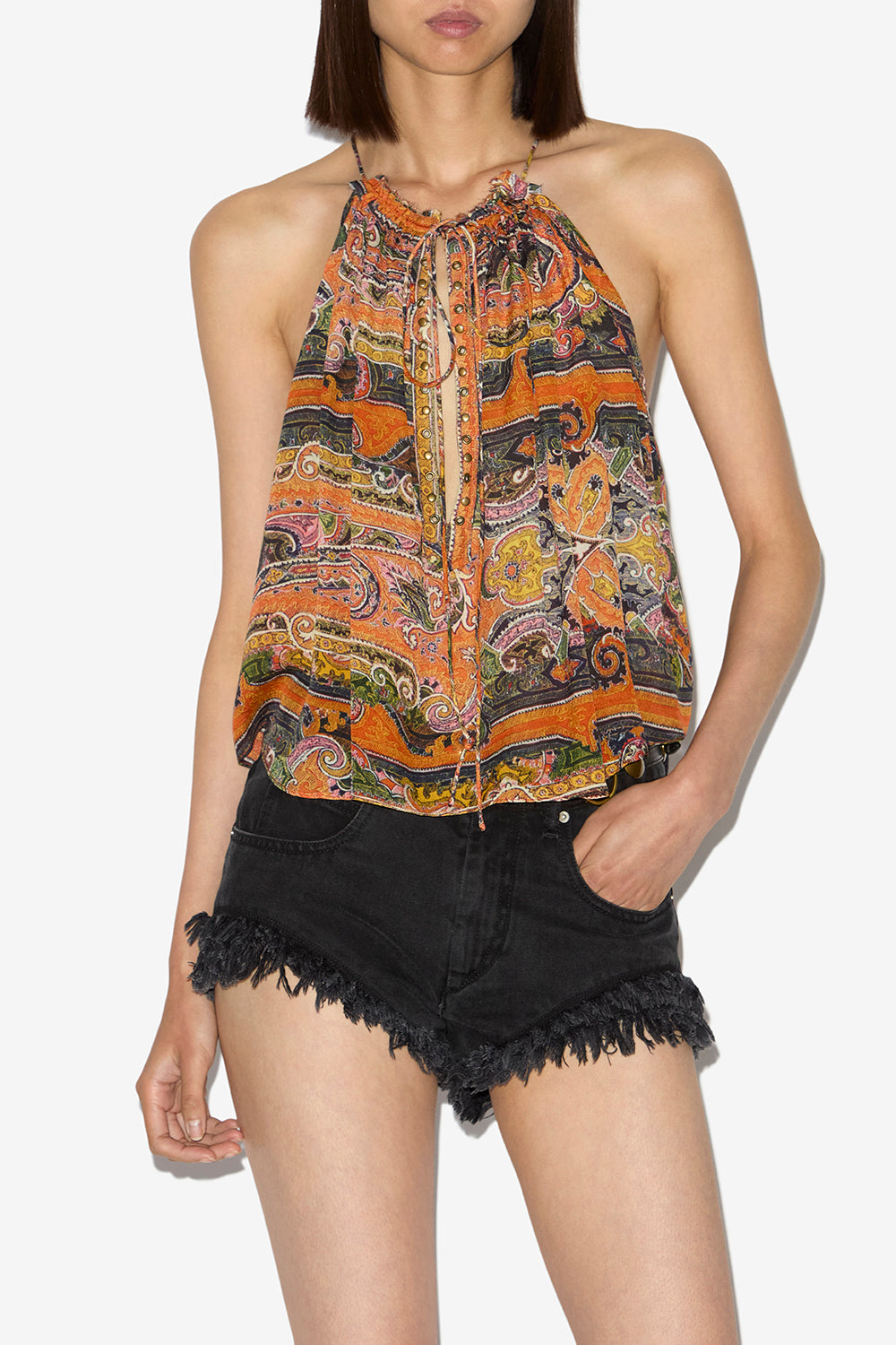 Marilou printed silk top with studs and eyelets - Orange - Woman - 5