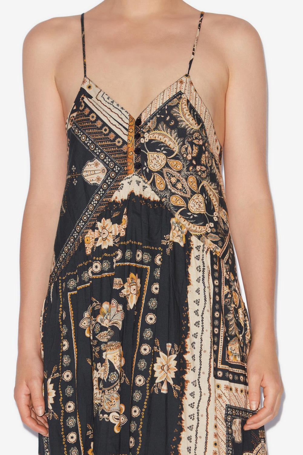 Robe longue à bretelles sabba imprimée bandana - Noir-ocre - Woman - 3