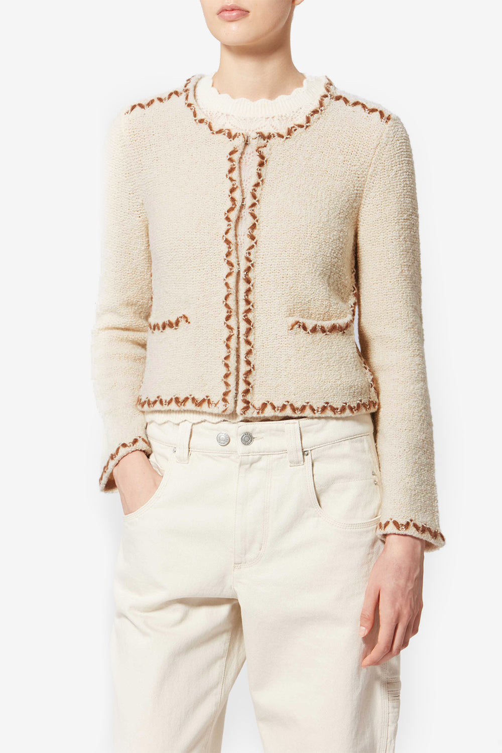 Cardigan rochelle en tweed de laine mérinos - Écru-bronze - Woman - 4