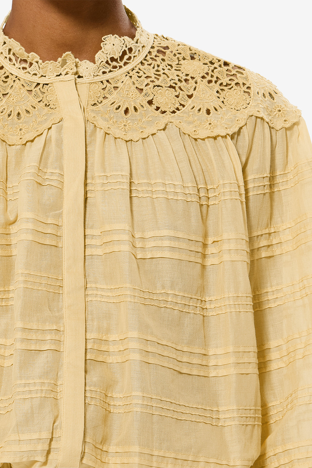 Blouse polly en coton et dentelle fleurie - Ocre clair - Woman - 3