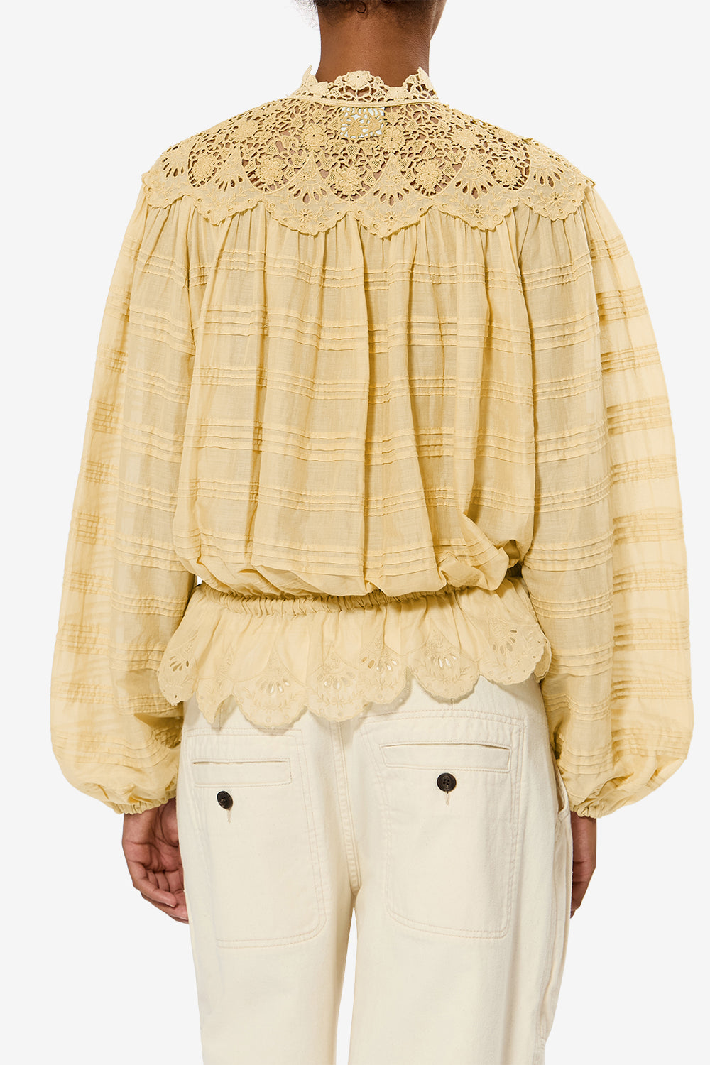 Blouse polly en coton et dentelle fleurie - Ocre clair - Woman - 5