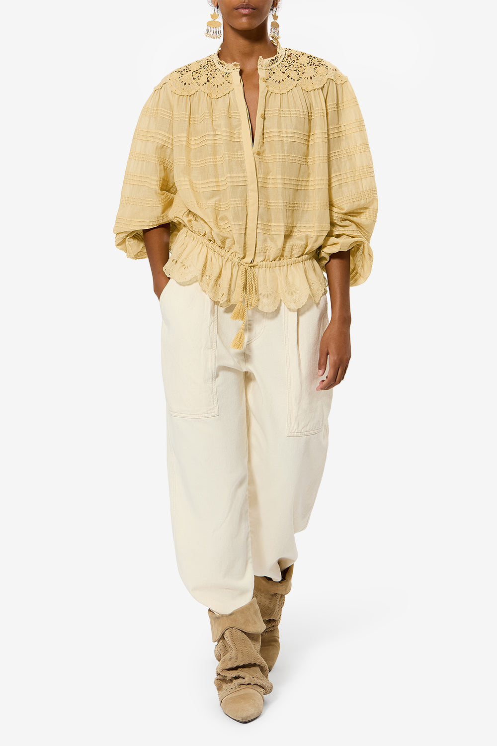 Blouse polly en coton et dentelle fleurie - Ocre clair - Woman - 2