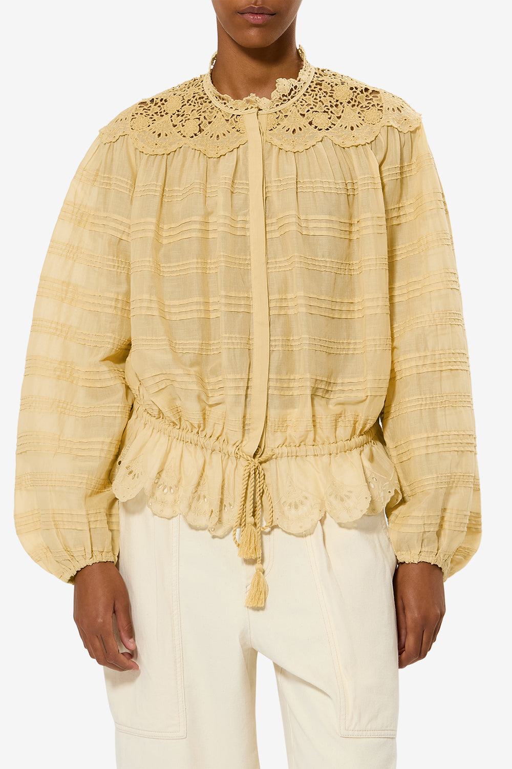Blouse polly en coton et dentelle fleurie - Ocre clair - Woman - 4