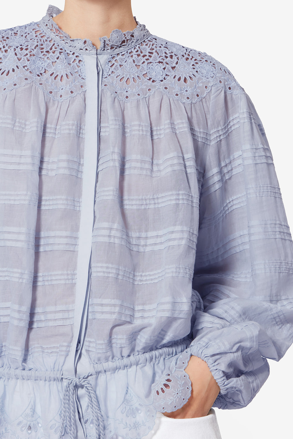 Blouse polly en coton et dentelle fleurie - Bleu clair - Woman - 3