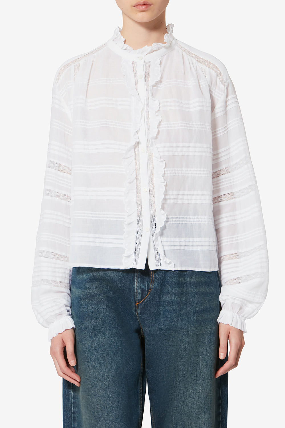 Blouse peline en coton et dentelle fleurie - Blanc - Woman - 4