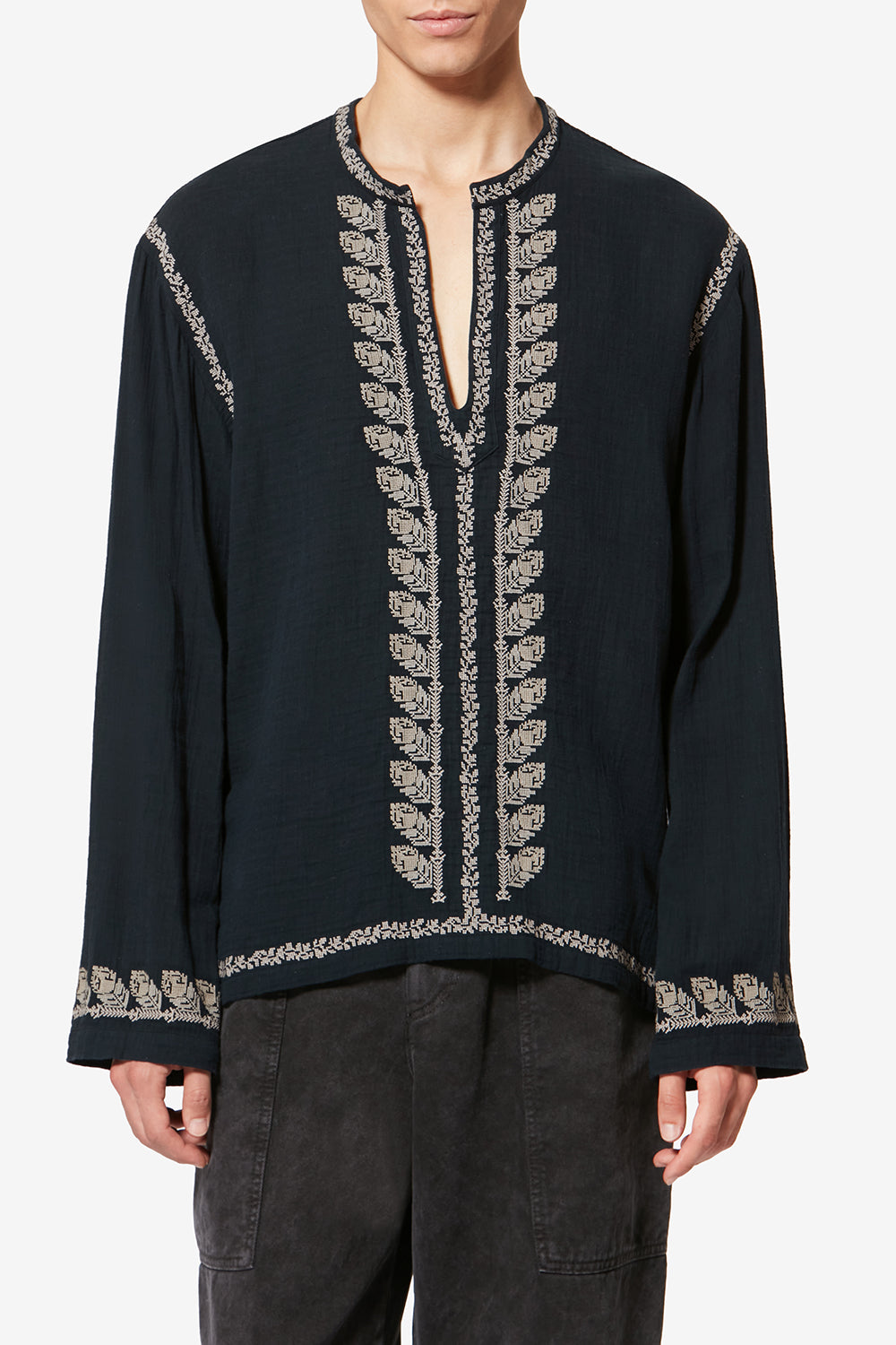 Cizalie 刺しゅう入り コットンガーゼ ブラウス - ウォッシュドブラック - Man - 4