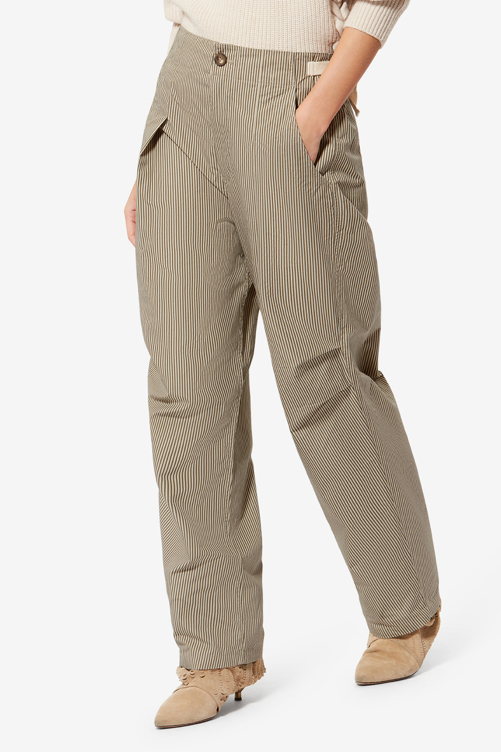 Pantalon large en coton rayé ceryne - Beige-kaki - Woman - 4