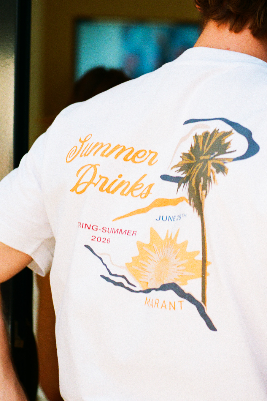 June 25th Summer drink t-shirt SS26 with palm tree and sunset