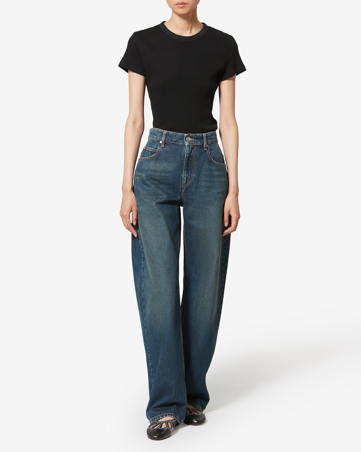 Taomi 골지 마감 코튼 쇼트 슬리브 티셔츠 - 검은색 - Woman - 1