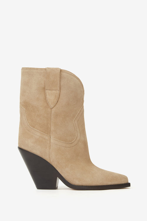 Boots santiag à talons leyane en cuir de veau velours - Beige clair - Woman