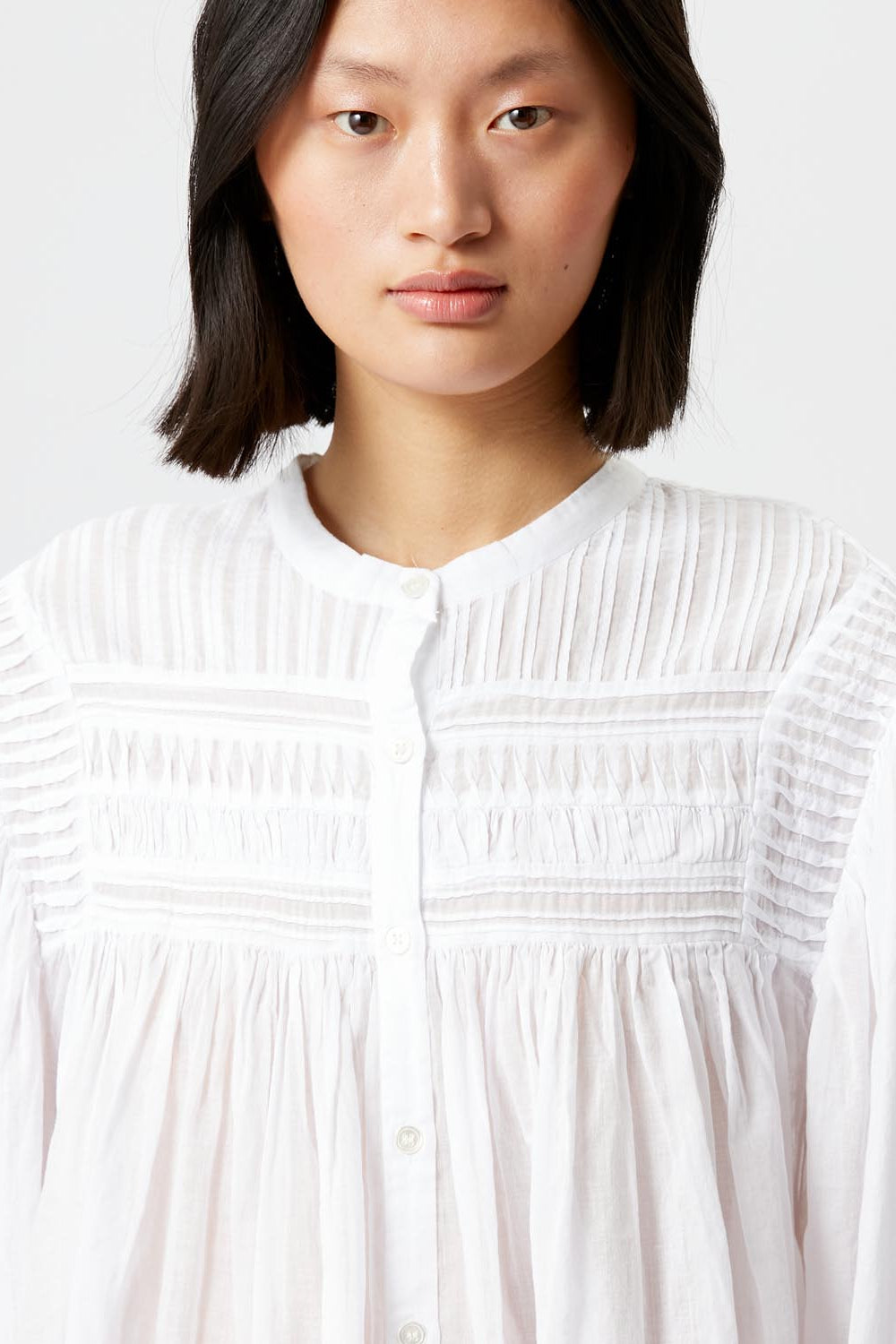 Blusa plalia in voile di cotone arricciato in tinta unita - Bianco - Woman - 3