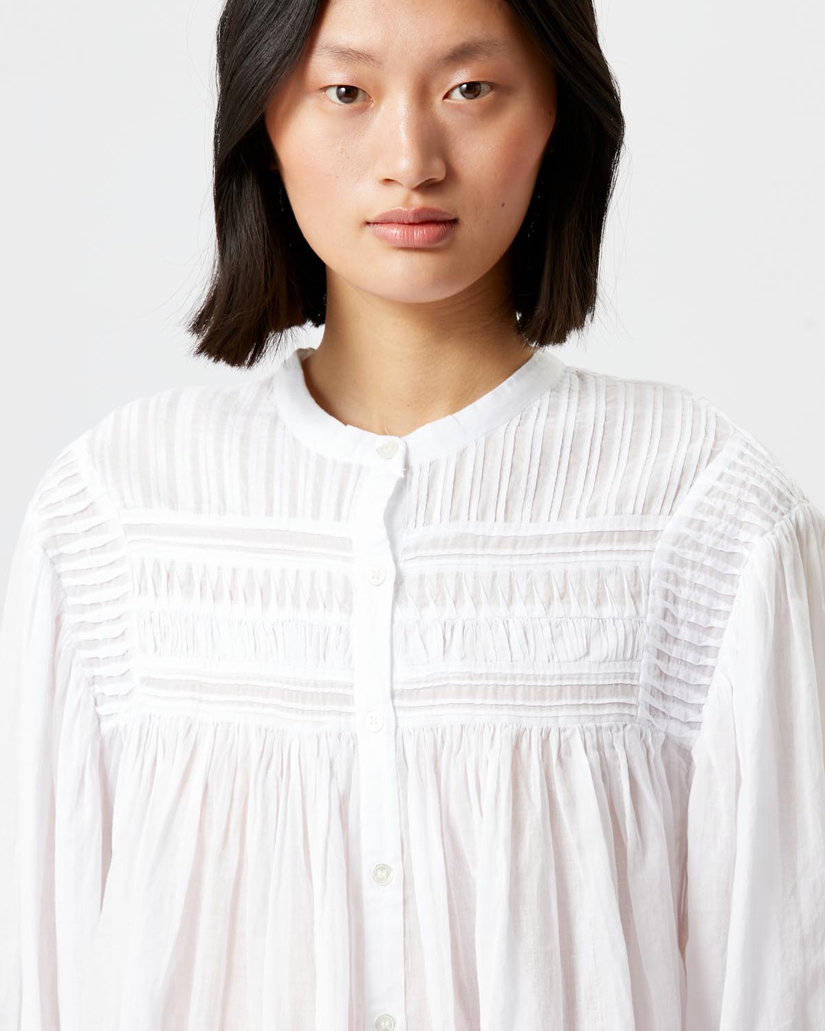 Blusa plalia in voile di cotone arricciato in tinta unita - Bianco - Woman - 2