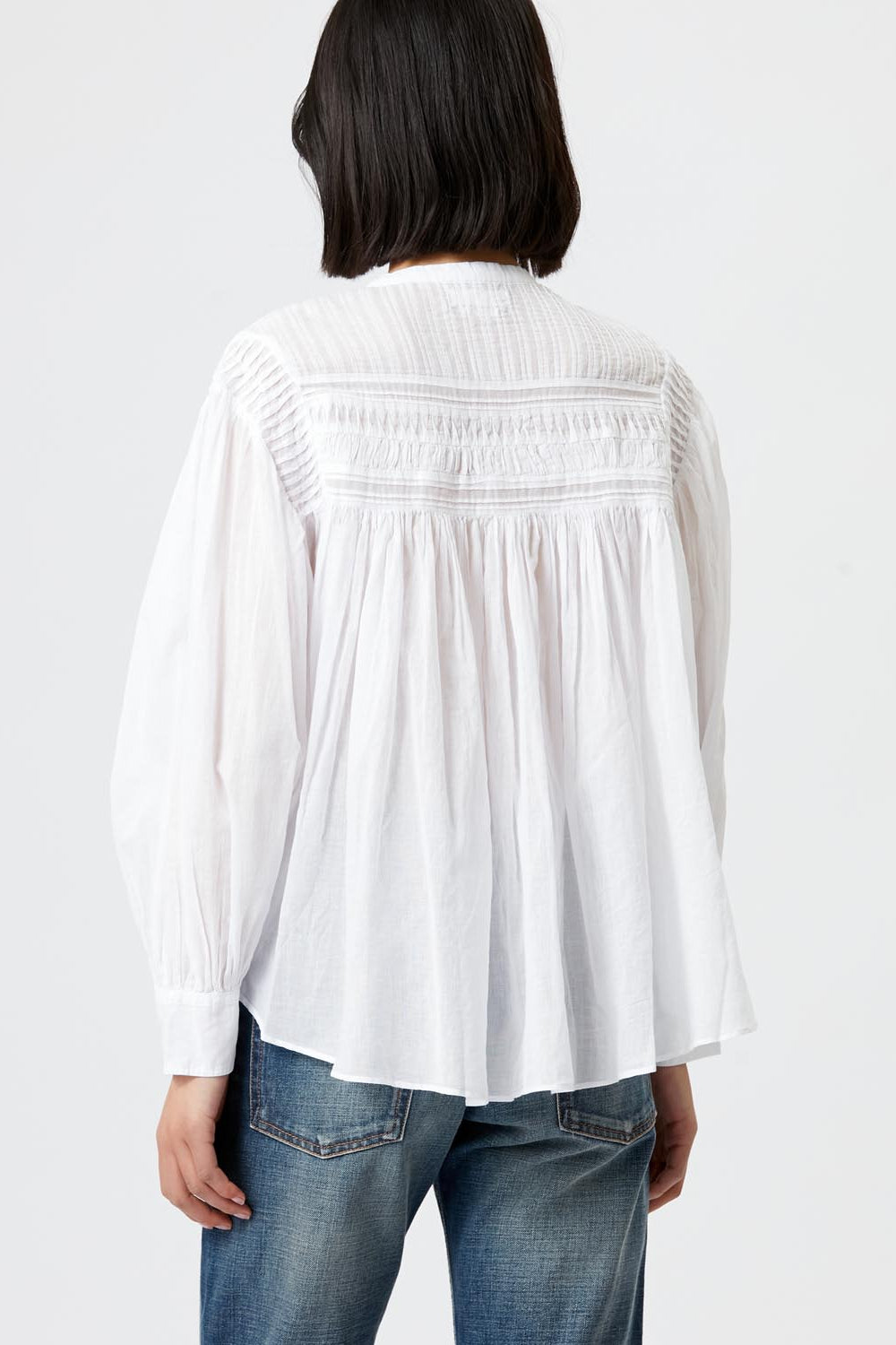 Blusa plalia in voile di cotone arricciato in tinta unita - Bianco - Woman - 5