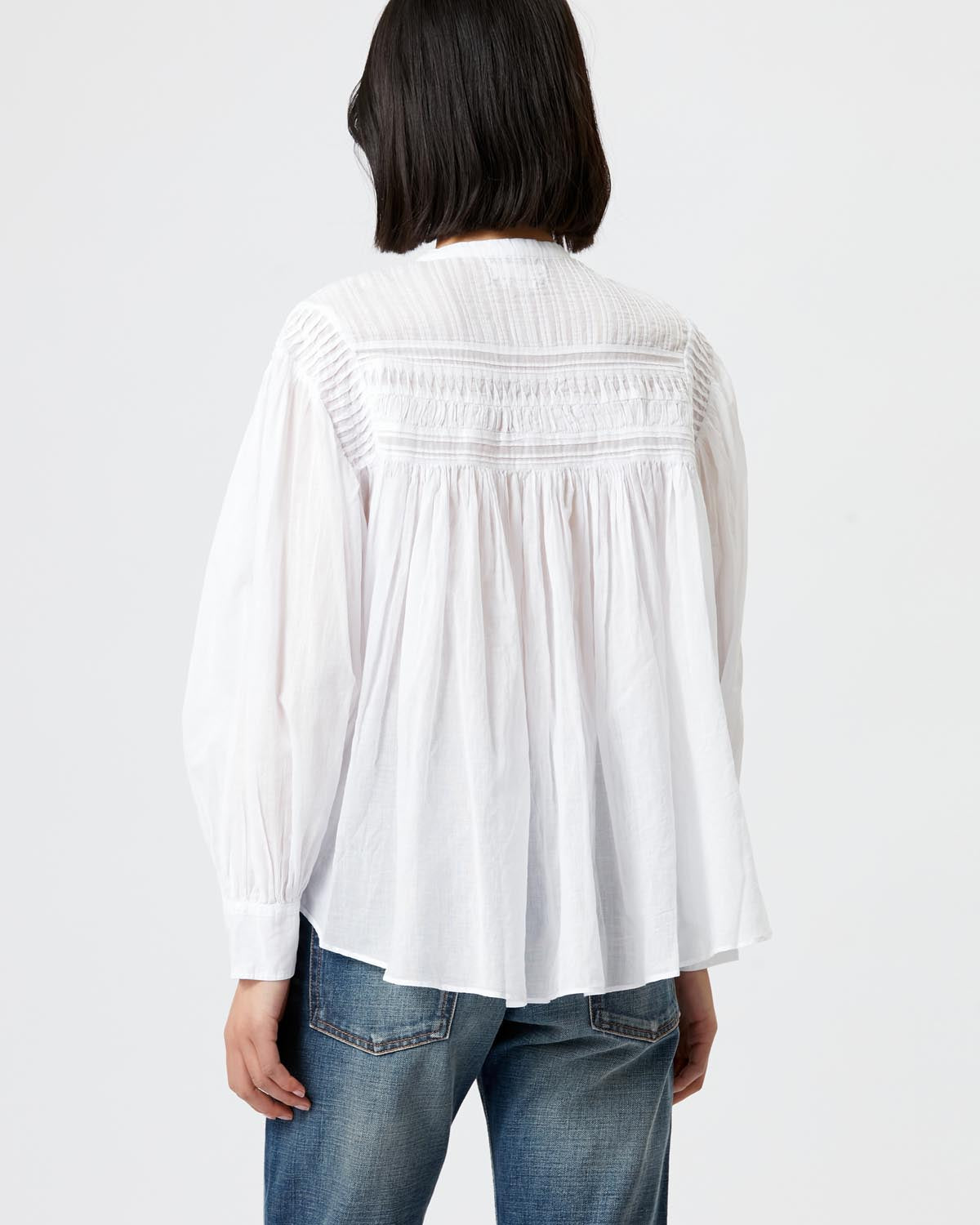 Blusa plalia in voile di cotone arricciato in tinta unita - Bianco - Woman - 4