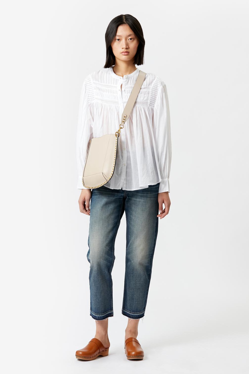 Blusa plalia in voile di cotone arricciato in tinta unita - Bianco - Woman - 2
