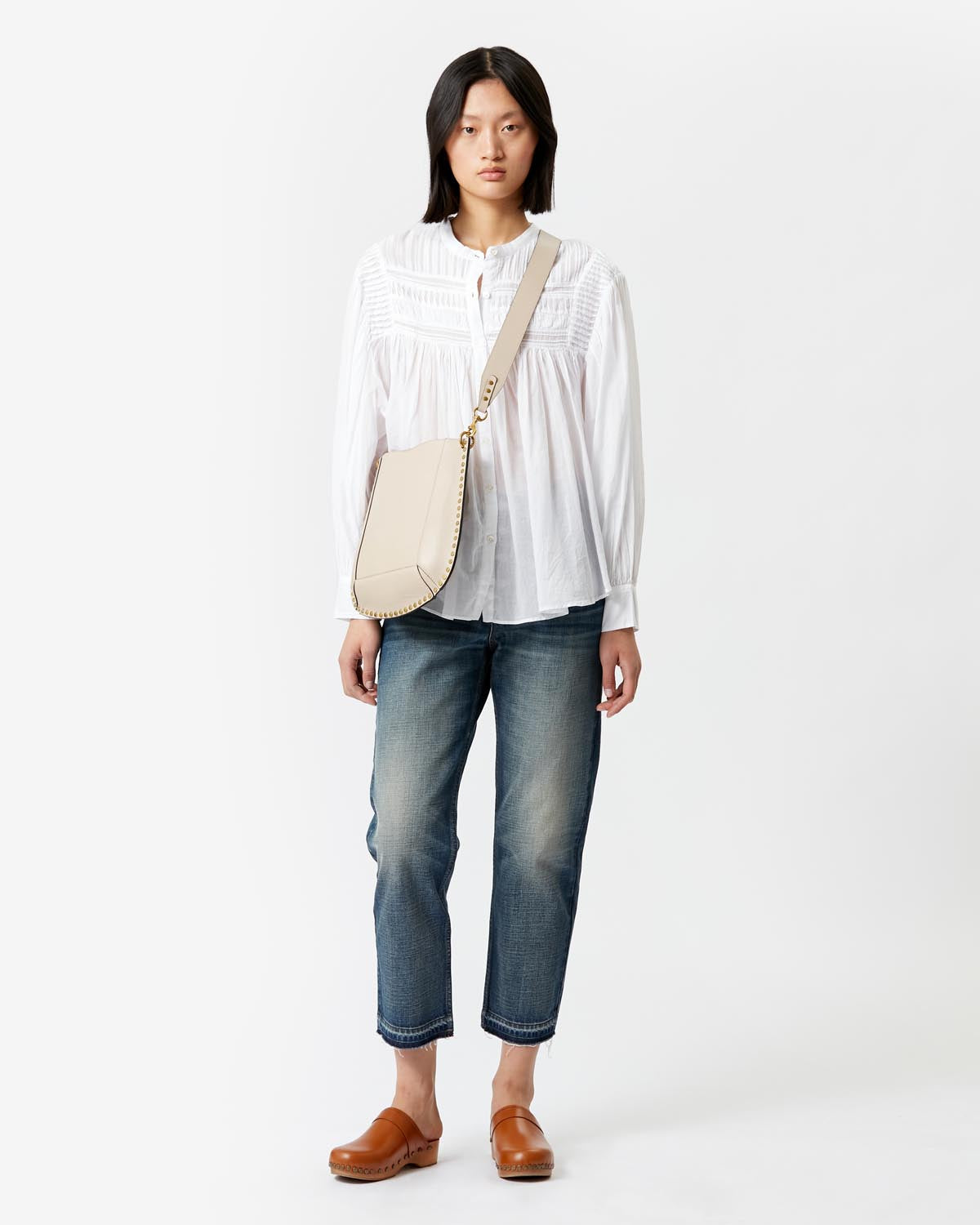 Blusa plalia in voile di cotone arricciato in tinta unita - Bianco - Woman - 1