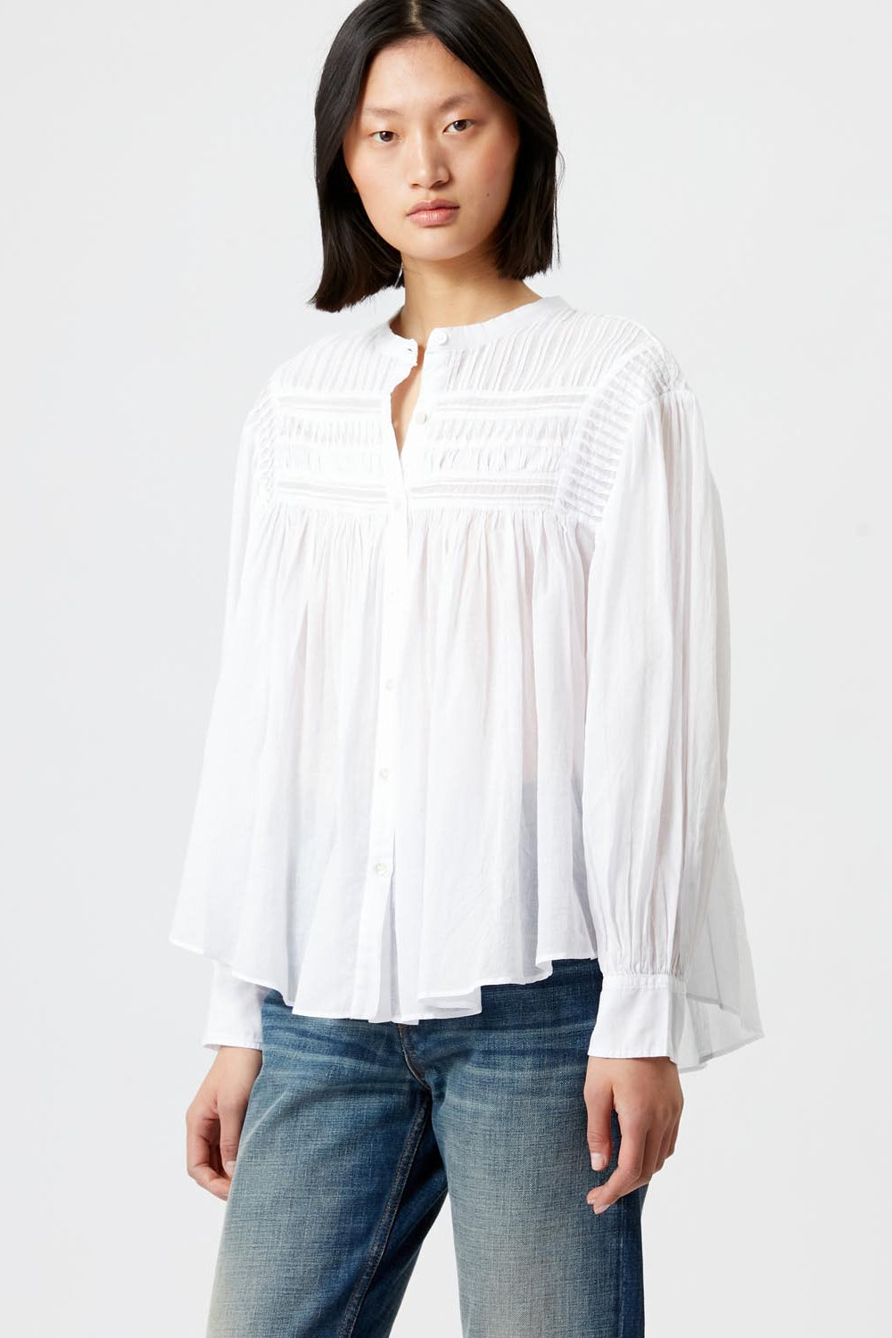 Blusa plalia in voile di cotone arricciato in tinta unita - Bianco - Woman - 4