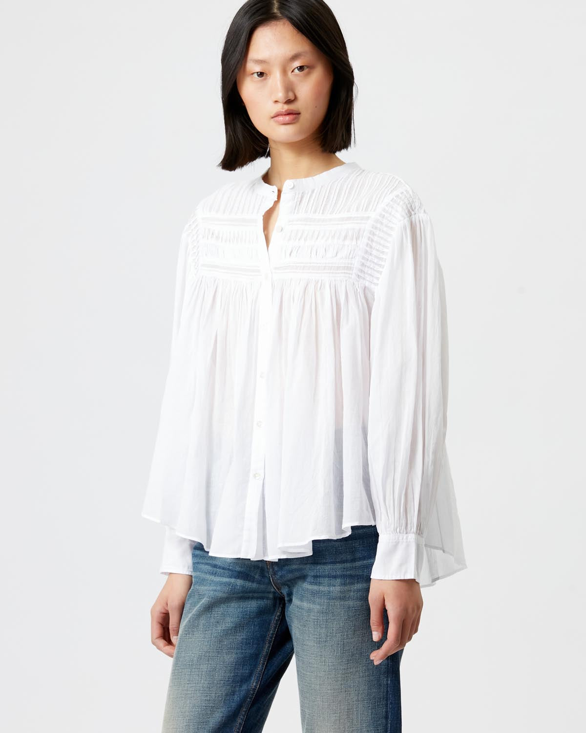 Blusa plalia in voile di cotone arricciato in tinta unita - Bianco - Woman - 3