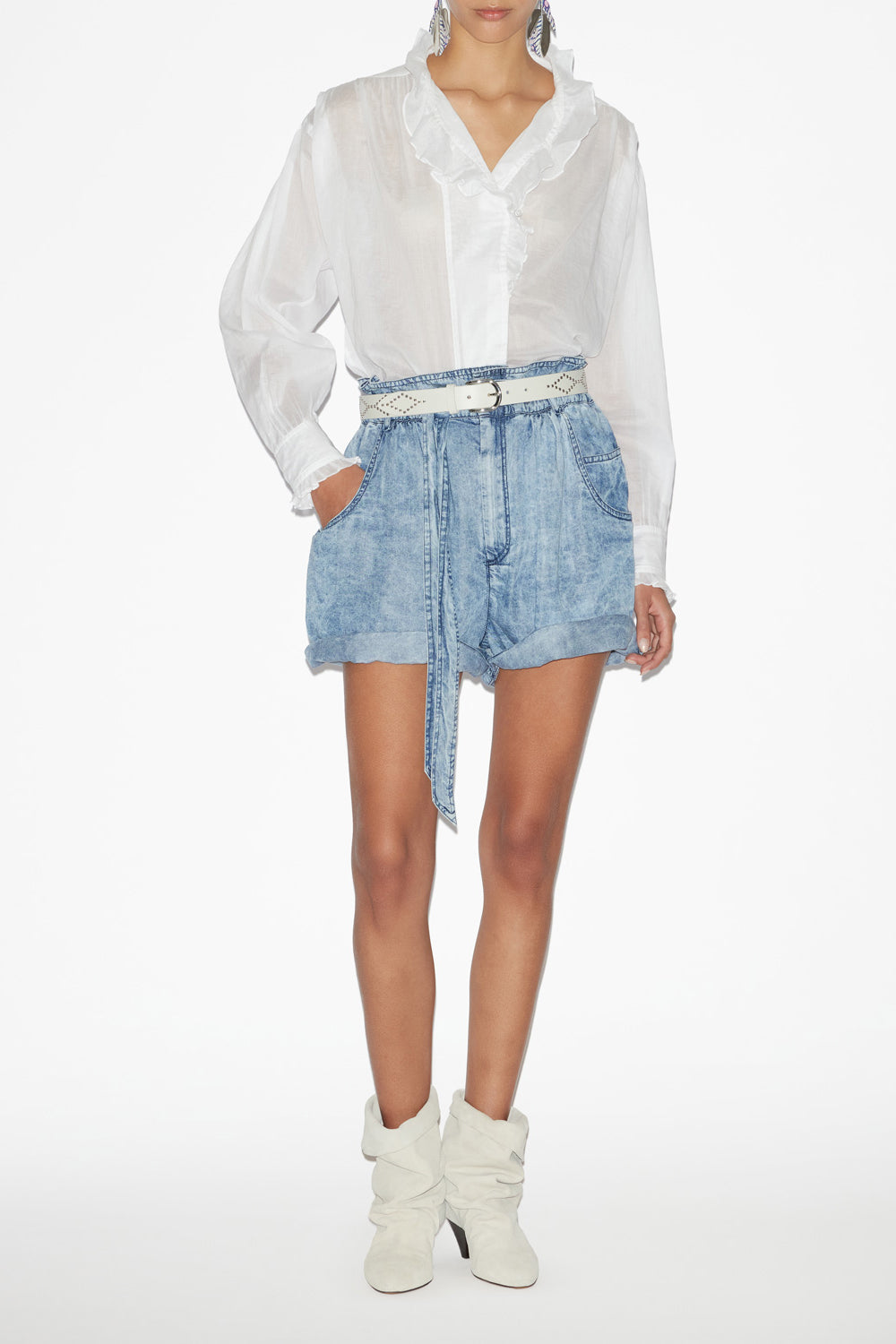 Blusa pamiala in voile di cotone tinta unita con volant - Bianco - Woman - 2