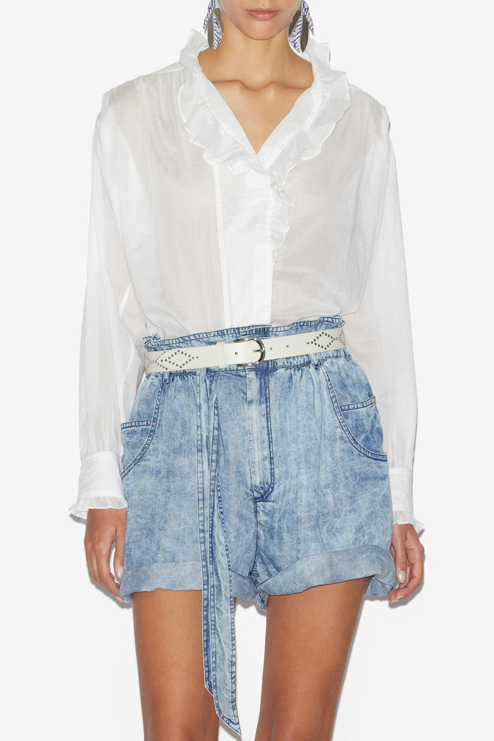 Blusa pamiala in voile di cotone tinta unita con volant - Bianco - Woman - 4