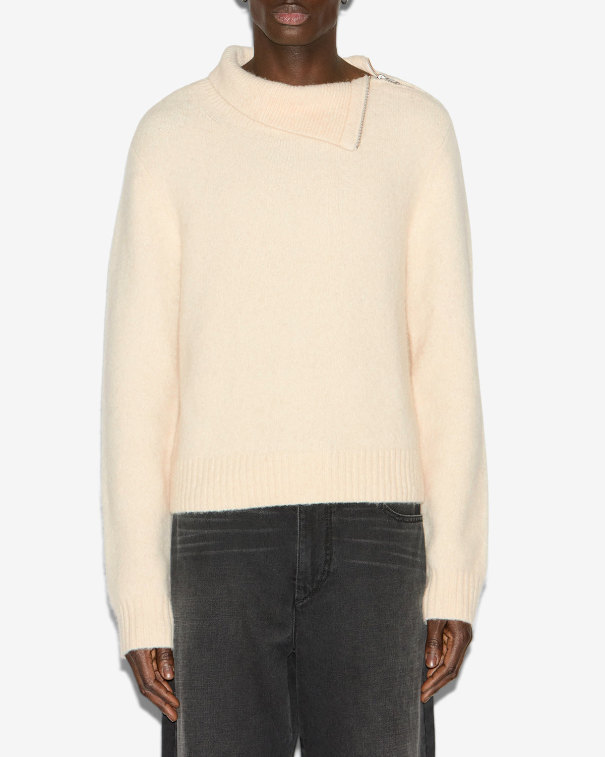 Aliocha stand-up collar plain-colored alpaca knit sweater - Ecru - Man - 3