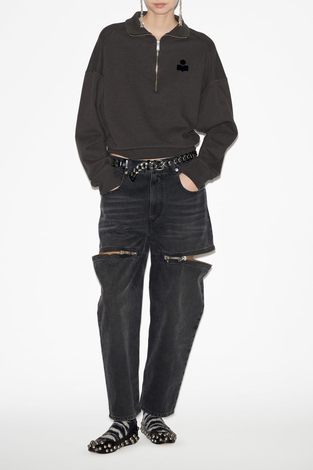Felpa ross corta in cotone con collo alto - Nero lavato - Woman - 2