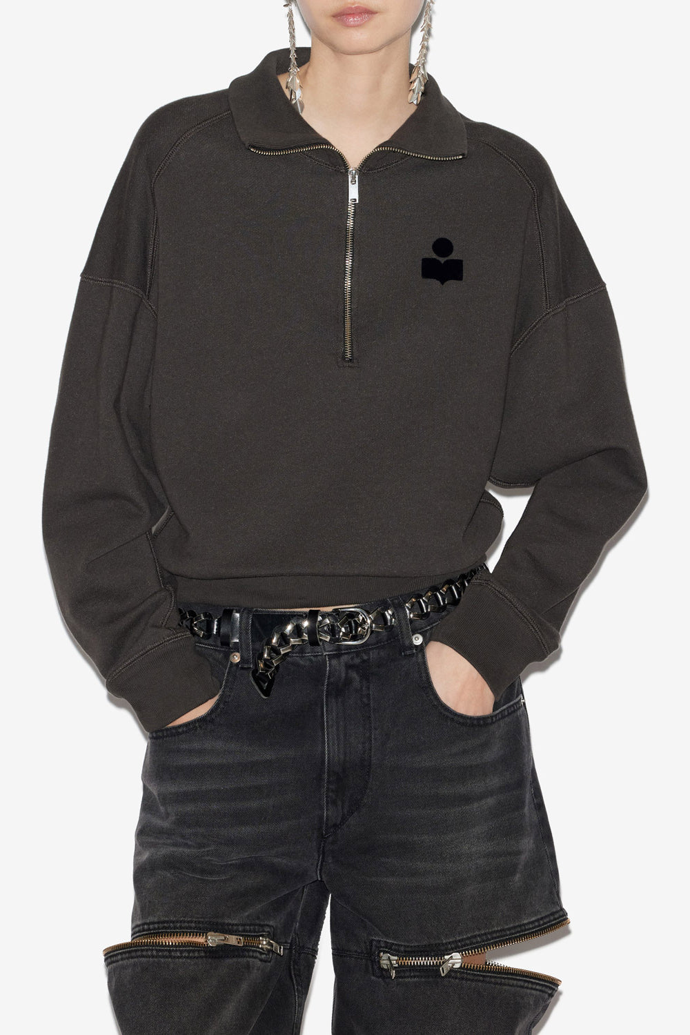 Felpa ross corta in cotone con collo alto - Nero lavato - Woman - 4