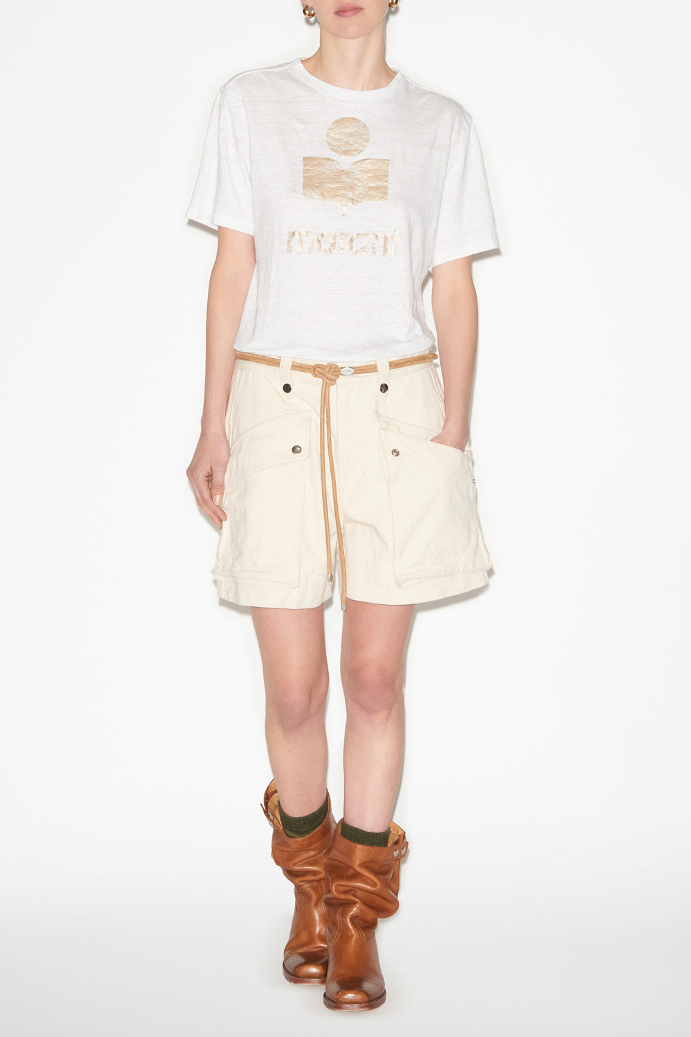 Camiseta con logotipo zewel en lino - White-light gold - Woman - 2
