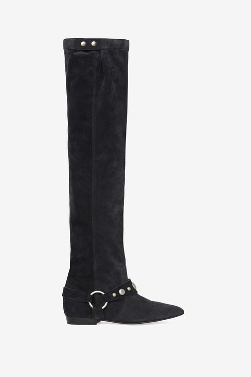 Stivali piatti sopra il ginocchio in pelle di vitello scamosciata selize - Nero lavato - Woman