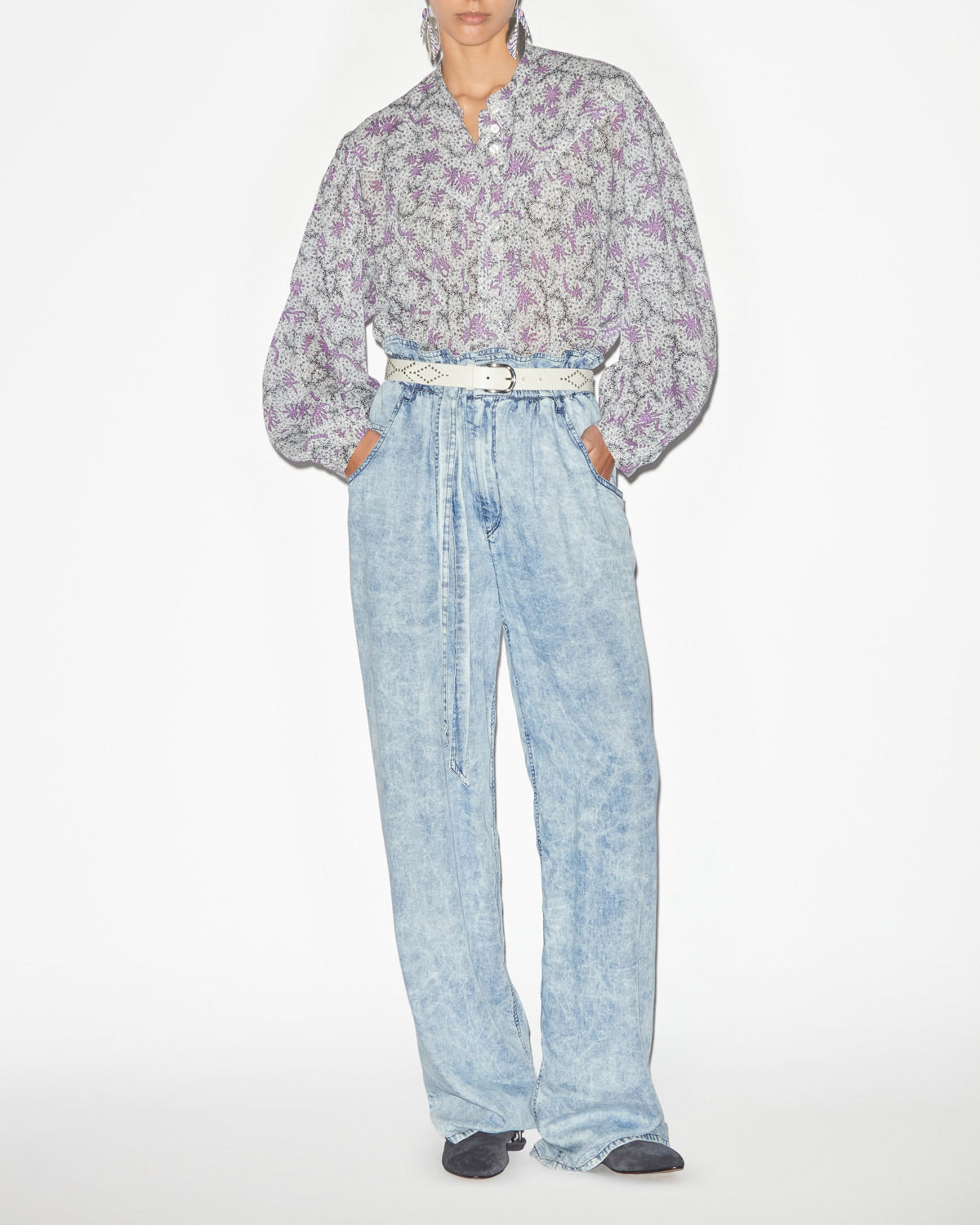 Blusa salika de gasa de algodón estampado y fruncido - Ecru-lilac - Woman - 1