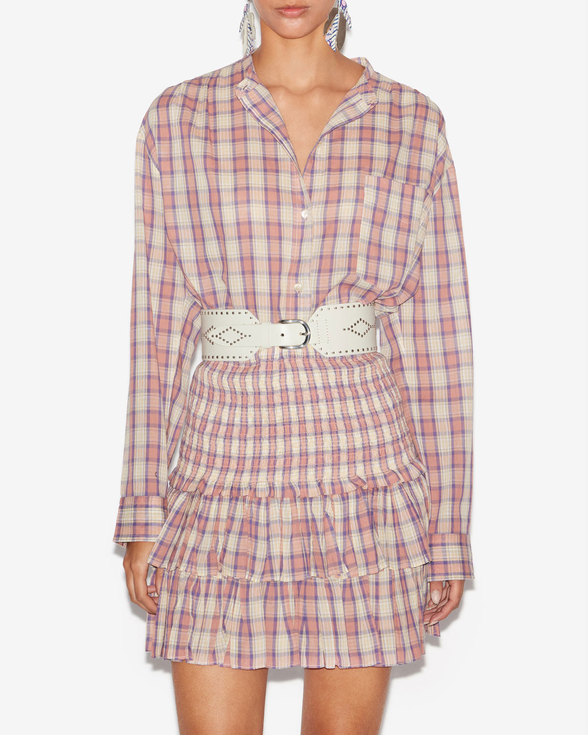 Chemisier mexika in voile di cotone a quadri - Antik pink-yellow - Woman - 3