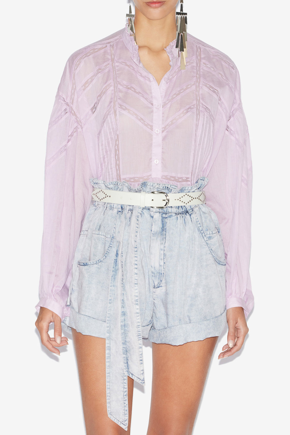 Blusa gelma in voile di cotone e pizzo tinta unita - Lilac - Woman - 4