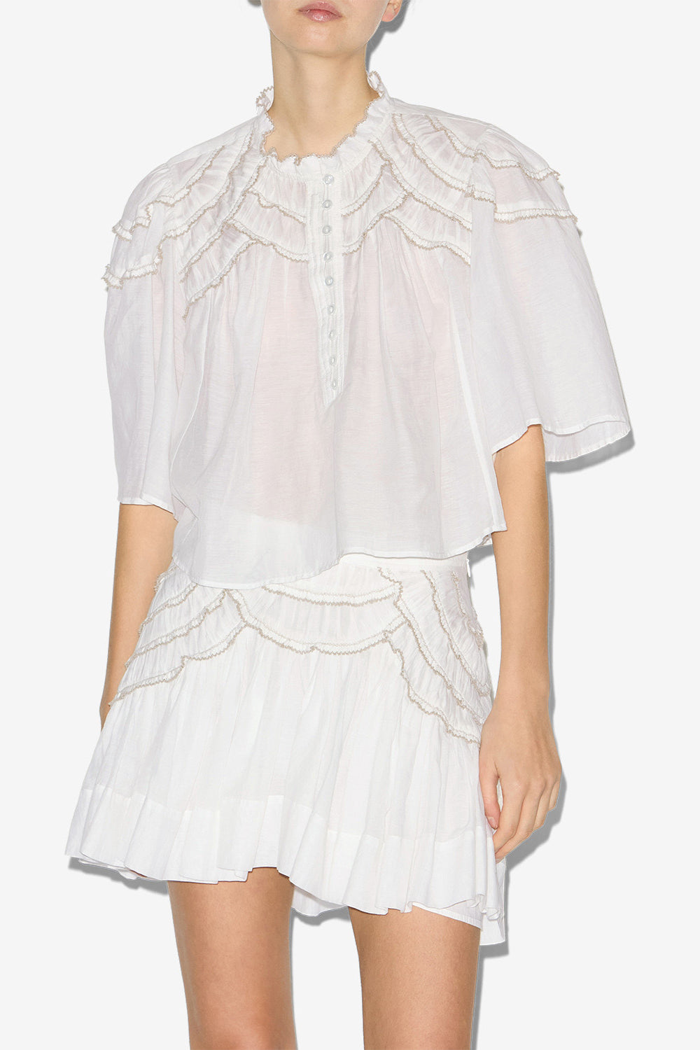 Top carmen in voile di cotone arricciato - Bianco - Woman - 3