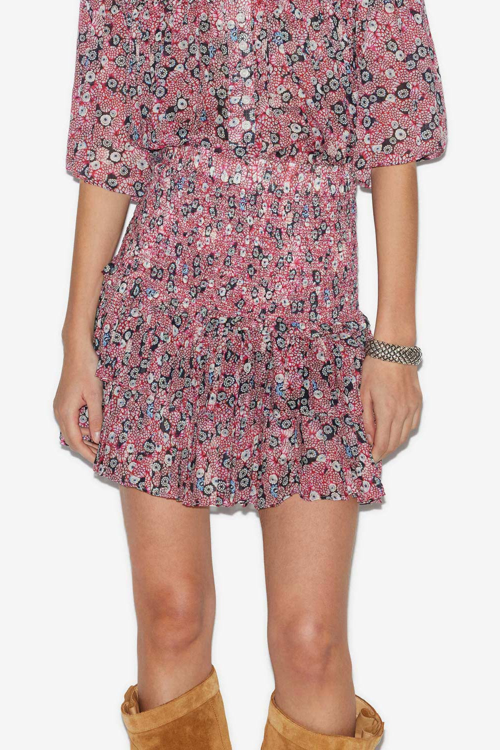 Jupe naomi en voile de coton smocké imprimé - Framboise-noir - Woman - 5