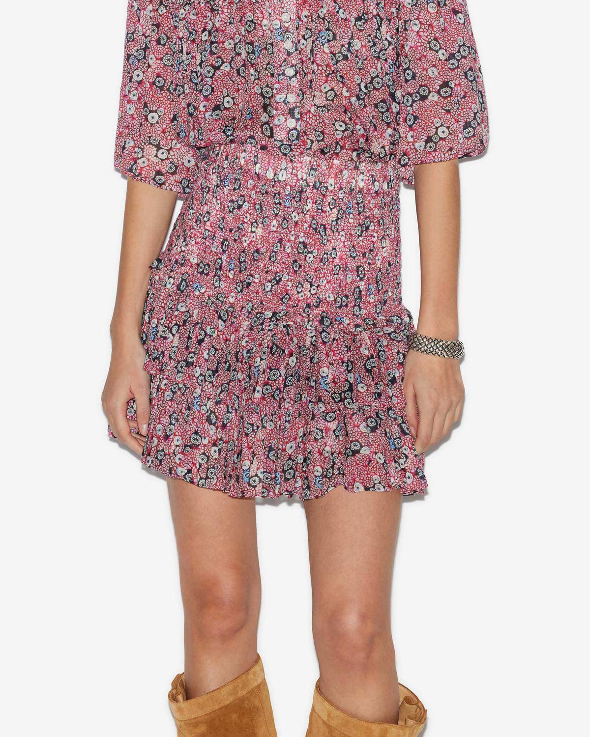 Gonna naomi in voile di cotone stampato con punto smock - Raspberry-black - Woman - 4