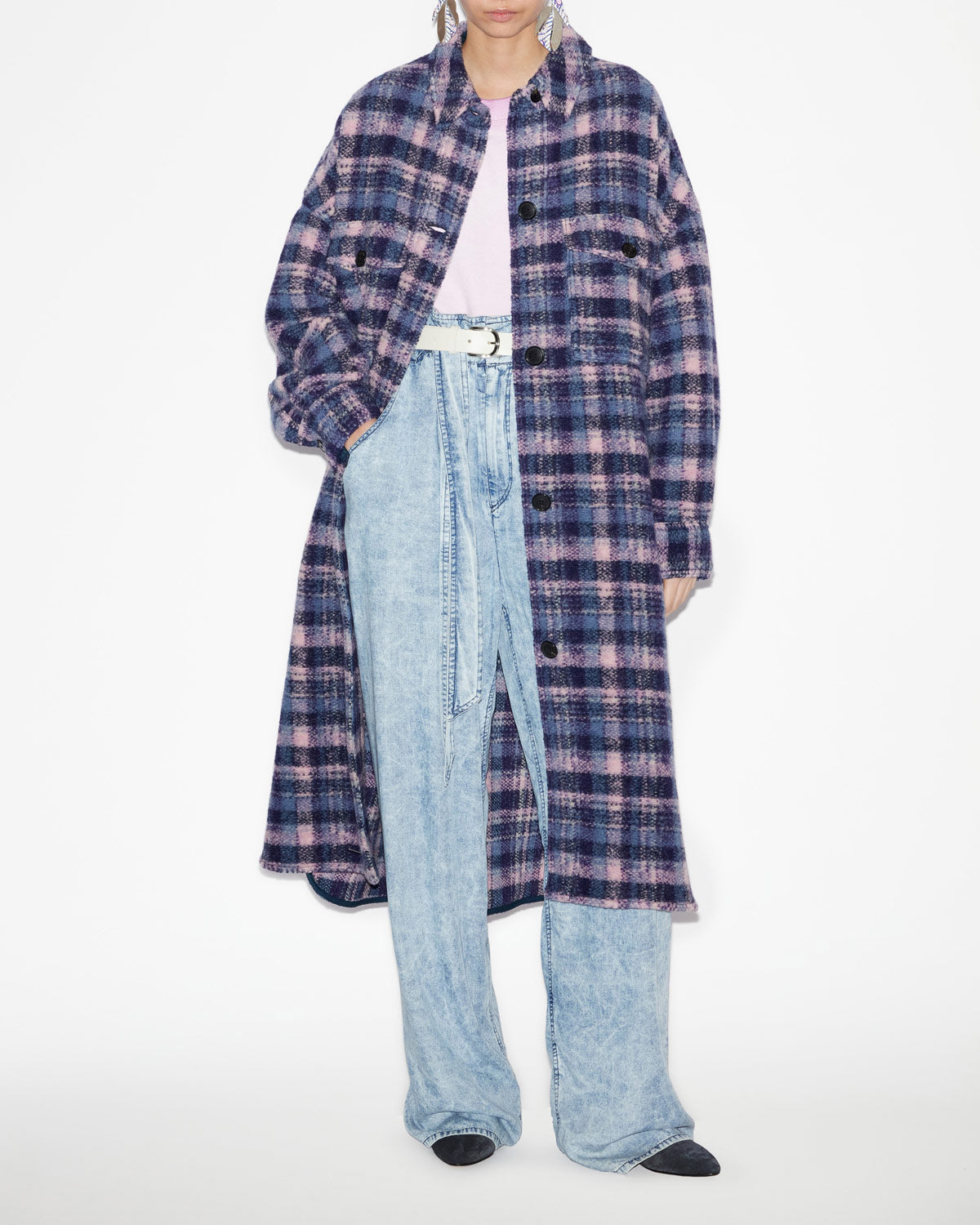Manteau long fontizi en laine mélangée à carreaux - Lilas-marine - Woman - 1