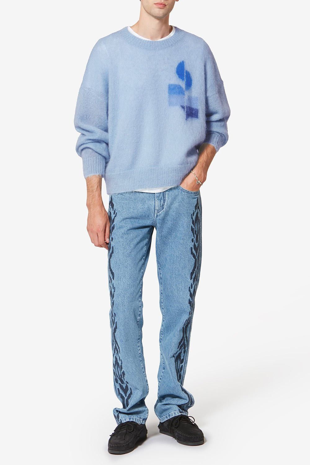 Zweifarbiger mohair-pullover drany mit logo - Hellblau - Man - 2