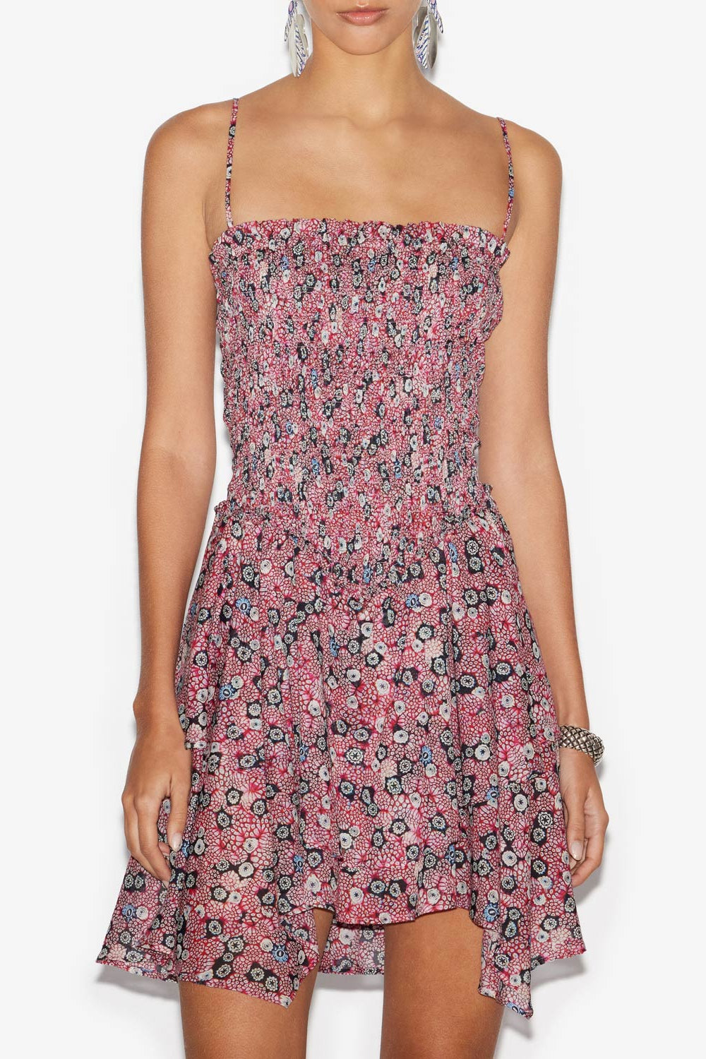 Robe anka smockée en voile de coton imprimé - Framboise-noir - Woman - 4