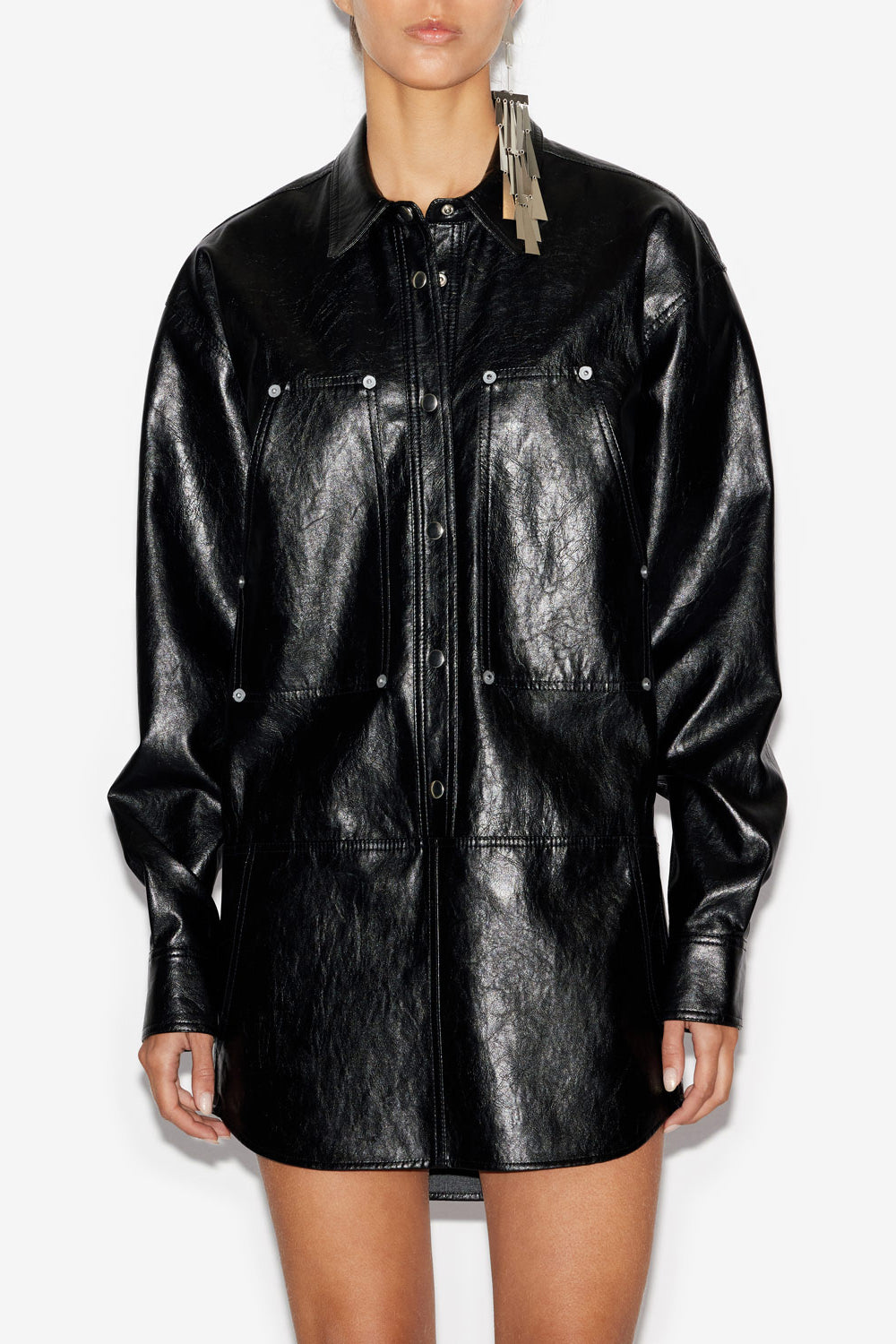 Abito ayali corto a camicia effetto pelle - Nero - Woman - 4